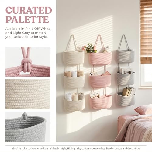 Pink 3-Tier Woven Cotton Rope Hanging Basket, Over the Door Organizer, Adjustable Detachable Wall Basket with Metal & Adhesive Hooks, No Drilling for Girls Room, Bedroom & Dresser Storage - style: Pink