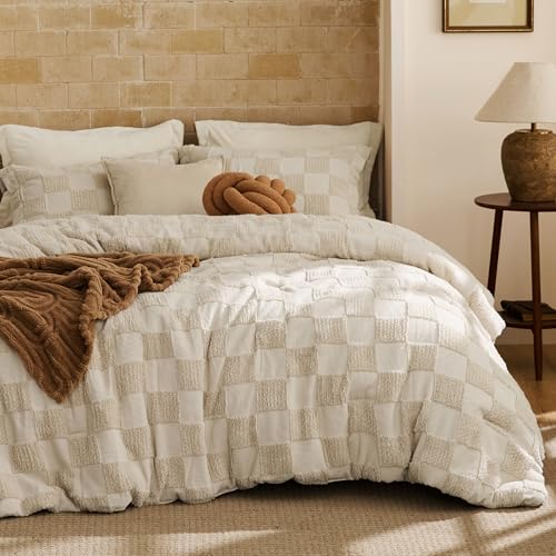 Bedsure Full Size Comforter Set Beige, Boho Tufted Bed Set, Checkered Farmhouse-Style Distressed Vintage Bedding, 3 Pieces, 1 Plaid Geometric Comforter and 2 Pillow Shams - color: 01 - Beige - Tufted Checkboard, size: Full