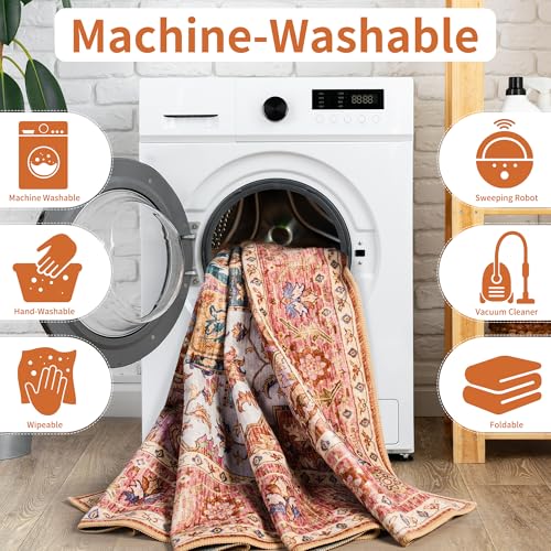 Foxmas 5x7 Area Rugs for Living Room, Machine Washable Vintage Rug, Non-Slip Low Pile Throw Rugs with Rubber Backing Washable Carpet for Bedroom Dining Room Kitchen Home Decor, Orange - color: Orange, size: 5' X 7' (Rectangular)