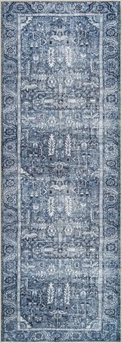 Bloom Rugs Washable Non-Slip 7 ft Runner - Blue Traditional Runner for Entryway, Hallway, Bathroom, and Kitchen - Exact Size: 2.5' x 7' - color: Blue, size: 2'6" x 7' (Runner)