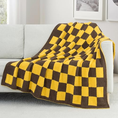 Carriediosa Checkered Throw Blanket 50" X 60", 400GSM Ultra Soft Microfiber Fuzzy Fluffy Reversible Cute Preppy Knitted Blankets Cozy Plush Fall Throws for Couch, Bed, Sofa, Yellow and Brown - color: Check - Yellow and Brown, size: 50" X 60"