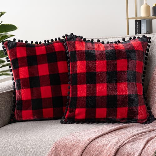 PAVILIA Plaid Red Black Throw Pillow Covers Pom Pom 18x18 Set of 2, Decorative Pillow Cases for Bedroom Aesthetic, Buffalo Check Small Pillows Set for Bed, Velvet Euro Plush Cushion Covers Sofa Couch - color: Checkered Red, size: 18" x 18" (Pack of 2)