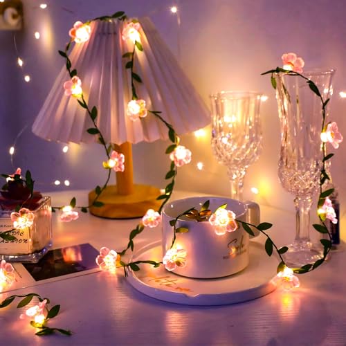 USB Plug-in 16.5ft Pink Cherry Blossom Flower Vine Fairy Lights Decorations | 50 Led Floral Leaf String Lights For Girl'S Bedroom, Window, Wall, Wedding, Birthday, Party, Christmas Hanging Indoor Decor - color: 16.5ft Pink Flower Lights