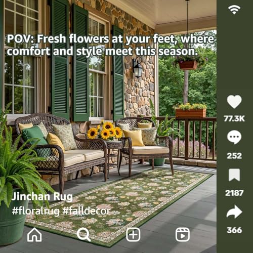 jinchan Elora 3x8 Floral Runner Rug for Hallway Washable Kitchen Runner Vintage Romance Design Non Slip Thin Indoor Floor Cover Low-Profile Throw Carpet for Entryway Bathroom Bedroom Porch, Green - color: Bloom Green, size: 3' x 8' (Light Weight)