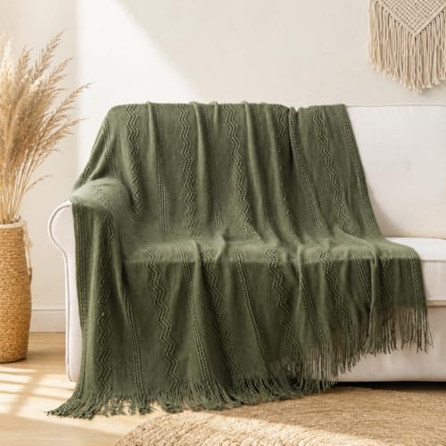 BATTILO HOME Olive Green Throw Blanket for Couch, Soft Army Green Blanket with Tassels for Home Decor, Decorative Knitted Throws for Couch Cover, 50"x60" - color: Army Green, size: 50 x 60 in.