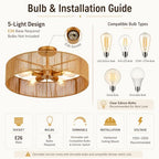 24" Natural Rattan Flush Mount Ceiling Light Fixture, 5-Light Gold Hand-Woven Wicker Boho Chandelier for Bedroom, Living Room, Dining Room, Kitchen, Rustic Lamp for Hallway and Entryway - color: Pattern A