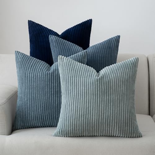 Volcanics Set of 4 Dusty Blue Navy Series Corduroy Decorative Couch Throw Pillow Covers 18x18 Inch, Soft Modern Boho Striped Cushion Cases for Patio, Balcony, Children Bedroom, Summer Gradient Shams - color: Blue, size: 18" x 18" (Pack of 4)