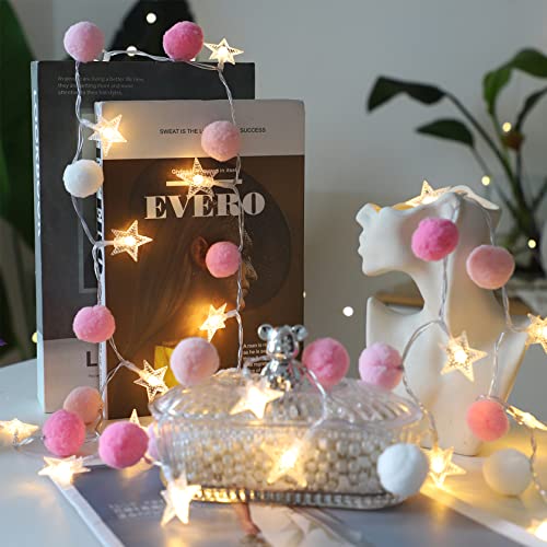ChiRee Indoor String Lights 6.56 Feet Pom Poms Star Lights 20 LED Battery Operated String Fairy Lights Warm White Star Lights Colorful Decor Lights for Home Bedroom Kids Playhouse Holiday Christmas - style: Star-Pink
