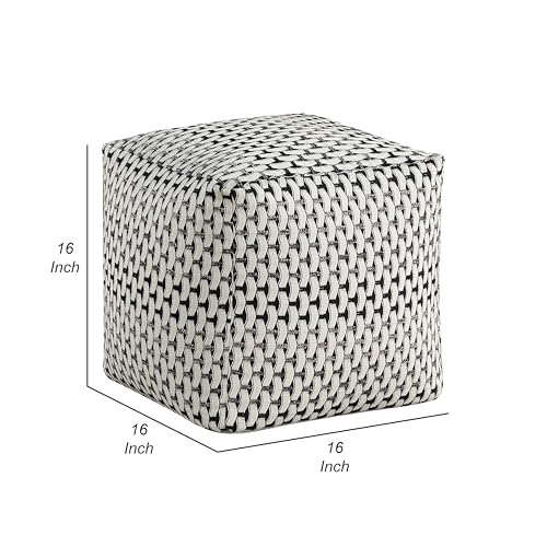 Benzara Modern Pouf Ottoman- Black White Basket Woven Jacquard- 16 Inch Square