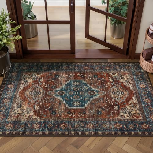 Tangsoo Vintage Rug 2x4 Washable for Entryway BlueNon Slip Small Area Rug, Dark Blue Orange Indoor Front Door Rust Blue - color: Rust/Blue, size: 2' X 4' (Runner)