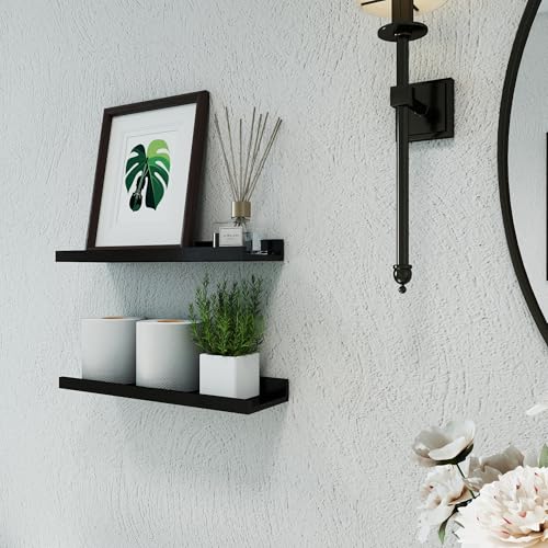 Black Floating Shelves for Wall Decor, Wall Mounted Wood Storage Shelf for Bedroom, Living Room, Bathroom, Kitchen, Nursery, Display Picture Ledge Shelf with Lip Set of 2-16 Inches, Black - color: Black, size: 15.8in