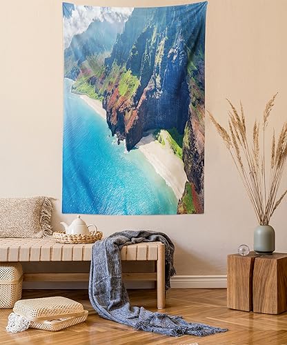 Ambesonne Hawaiian Tapestry, Na Pali Coast on Kauai Island on Hawaii Sunny Day Seaside Mountain Skyline, Wall Hanging for Bedroom Living Room Dorm Decor, 60" X 80", Blue Green Brown - color: Green Brown, size: 80"L x 60"W