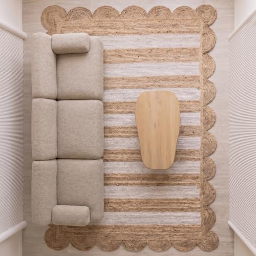 HOMEMONDE Scalloped Jute Rug 8x10 ft - Boho Rustic Vintage Farmhouse Style Eco-Friendly Jute Fiber Area Rug Hand Braided for Living Room, Bedroom, Dining Room - size: 8' x 10' (Rectangular)