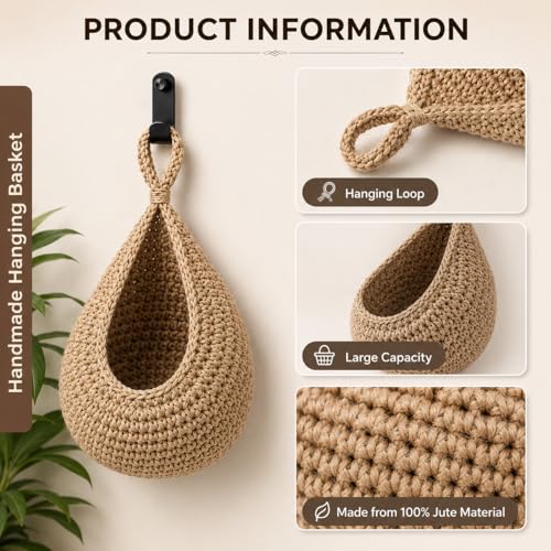 Boho Decor Hanging Fruit Baskets for Kitchen, 3 Pack Handwoven Teardrop Wall Hanging Baskets with Hooks, Storage for Fruits, Onions, Vegetables & Potatoes, 3 Sizes for Home, Linen - color: Linen