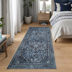 Bloom Rugs Caria Washable Non-Slip 7 ft Runner - Blue/Charcoal Traditional Runner for Entryway, Hallway, Bathroom, and Kitchen - Exact Size: 2'6" x 7' - color: Blue / Charcoal, size: 2'6" x 7' (Runner)