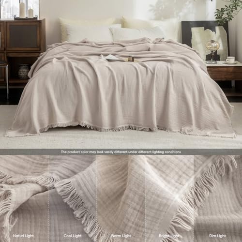 FOSSA Muslin Blanket with Fringe - 4-Layer 100% Cotton Gauze Super Soft & Breathable Throw -Lightweight Decorative Cooling Blanket for Bed, Sofa, Office -Twin XL Size 90" × 66" (Beige Gray) - color: Beige Gray, size: Twin XL (66" × 90")