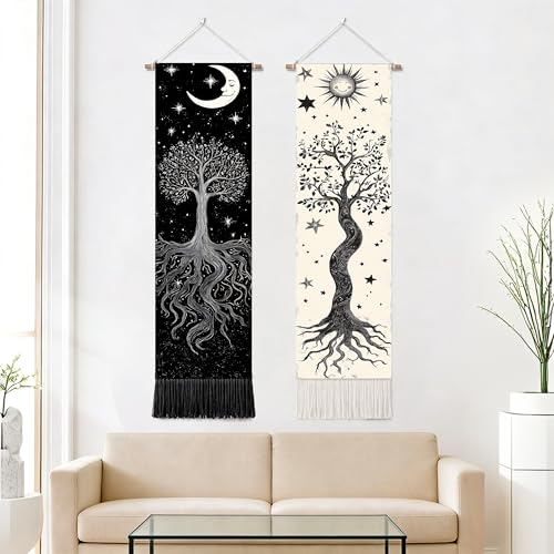 seewan 2 Pack Long Vertical Wall Tapestry, Boho Nature Landscape & Floral Aesthetic Wall Hanging for Bedroom Living Room Home Decor, Long Narrow Art Tapestry with Sunrise Mountain Botanical Designs, 13" × 51" (Night Forest Moon, 13"Wx51"H, Unframed) - col