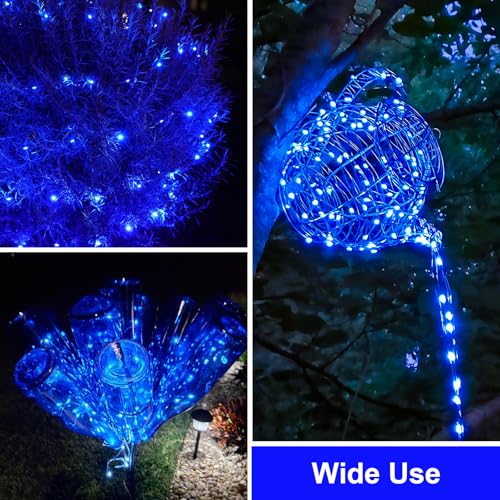 QITONG Solar Fairy Lights Outdoor Waterproof, 2 Pack Each 66ft 200 LED Blue Christmas String Lights, Silver Wire Twinkle Mini Lights with 8 Modes - color: Blue