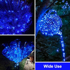 QITONG Solar Fairy Lights Outdoor Waterproof, 2 Pack Each 66ft 200 LED Blue Christmas String Lights, Silver Wire Twinkle Mini Lights with 8 Modes - color: Blue