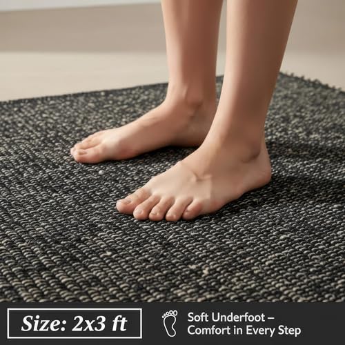 Black 2X3 Jute Rug Braided Construction - Farmhouse Woven Carpet - Mid-Century Modern Floor Covering for Entryway or Kitchen, 2' x 3' - color: Black, size: 2' x 3'