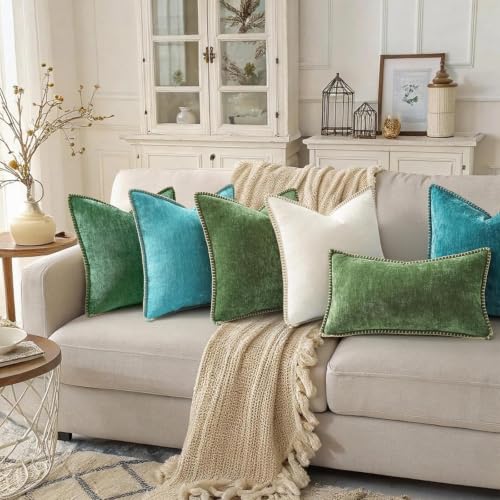 decorUhome Chenille Soft Cozy Throw Pillow Covers 12x12 Set of 2, Modern Farmhouse Boho Velvet Decorative Pillow Cases with Stitched Edge for Couch Sofa Bed Home Decor, Forest Green - color: Forest Elf, size: 12" x 12" (Pack of 2)