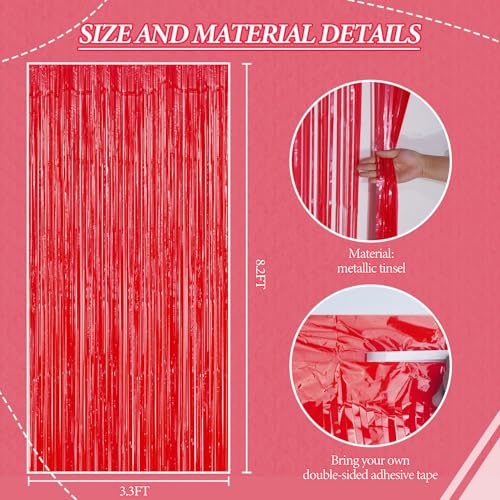 DECOCKRAT 3 Pack Foil Fringe Backdrop - Pastel Red Shiny Tinsel Curtains for Party Decoration/Photo Booth Props - 3.3x8.2 FT Metallic Foil Backdrop for Birthday, Wedding, Graduation, Christmas. - color: Pastel Red