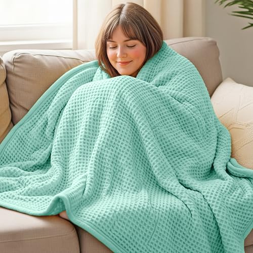THREAD SPREAD 100% Cotton Waffle Twin Size Blanket for Bed - Soft Lightweight Breathable Waffle Weave Twin Blanket for All Season, Textured Throw Blankets for Bed, Sofa, Hotel, Hospital - Mint Green - color: Waffle - Mint Green, size: Twin / Twin XL