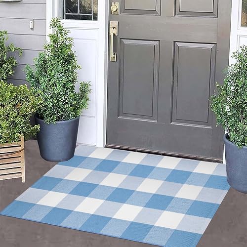 Light Blue and White Outdoor Rug 24''x35'' Buffalo Plaid Porch Mat Cotton Woven Washable Carpet for Layered Doormat Hello/Welcome Door Mat,Kitchen,Farmhouse,Entryway - color: Light Blue, size: 24''x 35''