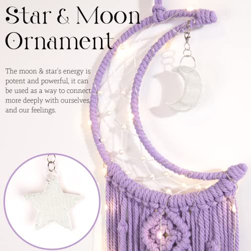 Boho Macrame Woven Wall Hanging for Girl, Crochet Crescent Moon Star Dream Catcher with Light, Purple Cotton Handmade Bohemian Home Decor Decoration for Kids Nursery Bedroom Dorm Room - color: Lavender, size: With Light