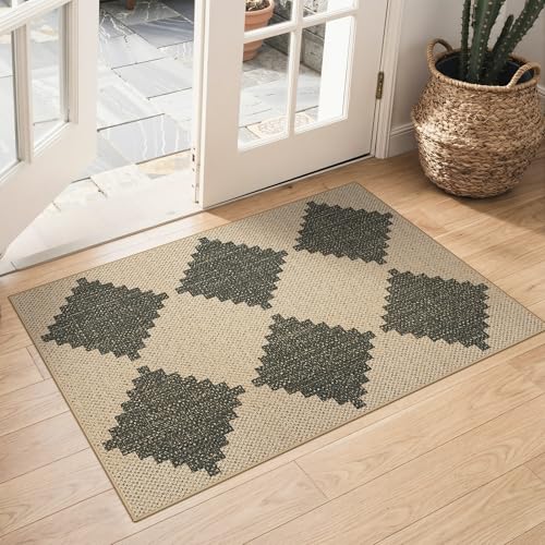 Bavni Checkered Easy Jute Rug,2x3 Door Mat Machine Washable Non Slip Woven Plaid Small Rug, Geometric Diamond Non Shedding Modern Farmhouse Carpet for Entryway, Bathroom, Kitchen, Laundry Room - color: Checkered-3, size: 2X3