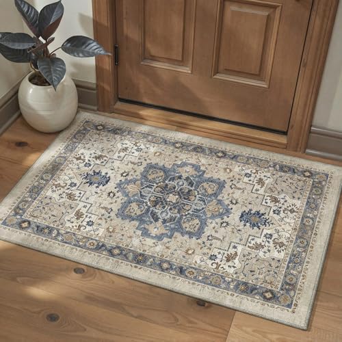 GENIMO Area Rug 2x3 Doormat, Machine Washable Low Pile Rugs, Small Retro Entryway Mat for Entrance, Hallway, Kitchen and Corridor, Blue Cream - color: Area Blue Cream, size: 2' x 3' (Rectangular)
