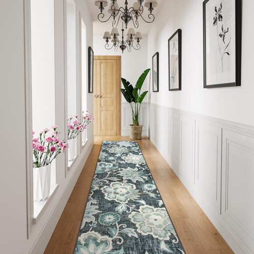 Beeiva Floral Carpet Runner Non Slip, Vintage Washable 2.5x12 Rug Runners for Hallways Non Slip, Ultra Thin Printed Distressed Blue Hallway Rug for Bedroom Bathroom Laundry - color: Blue, size: 2'5" x 12' (Rectangular)