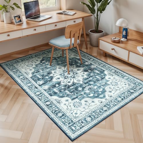 3x5 Large Entryway Rug Indoor, Coastal Blue White Non-Slip Backing Area Rugs for Kitchen - Vintage Boho Distressed Washable Rug, Soft Low Pile Carpet for Office, Lounge, Bedroom Bedside - color: Coastal Blue White, size: 3' x 5' (Rectangular)
