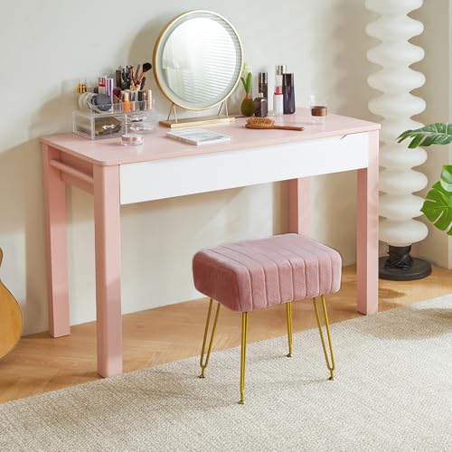 IBUYKE Velvet Rectangular Footrest Ottoman, Makeup Vanity Stool Side Table, Velvet Dressing Table Seat, Pouf Couch Stool, Golden Steel Legs, Pink LG-51P - color: Pink, size: 15.8"D x 11.8"W x 18.1"H