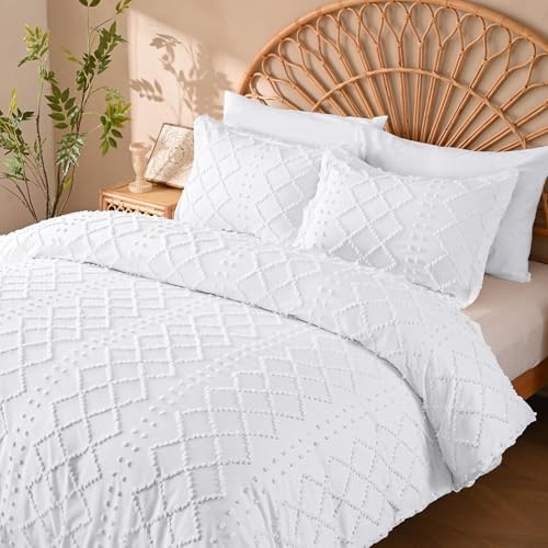 Manyshofu 5Pcs Boho Full Duvet Cover Set - Tufted White Duvet Cover Pattern, Shabby Chic Boho Bedding Set Textured Comforter Covers with Embroidery Pillow Shams