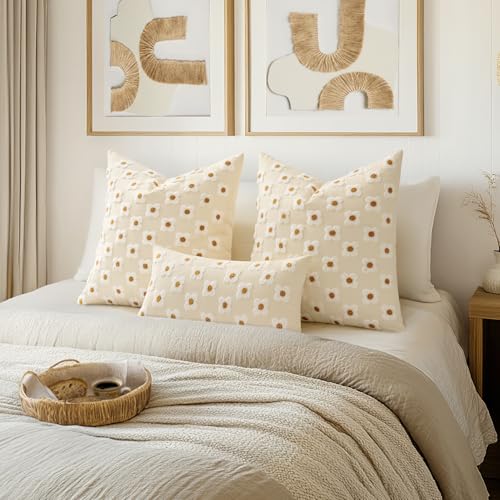 EMEMA Decorative Throw Pillow Covers Daisy Sun Flower Jacquard Pillowcase Cushion Case Rectangle for Couch Sofa Bed Living Room Bedroom Set of 2, 26x26 Inch, Beige - color: A-beige, size: 26" x 26" (Pack of 2)