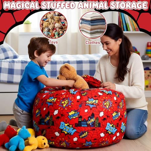 Boao 27'' Large Spider Kids Bean Bag Chairs Cover (No Filling) Washable Stuffed Animal Storage Beanbag Chair for Kids Canvas Bean Bag Cover with Zipper for Boys Organizing Plush Toys Textile Sack - color: Cartoon Spider, size: 27 Inches