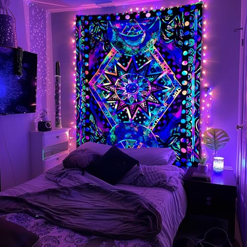 Blacklight Sun and Moon Tapestry Glow in The Dark Neon Hippie Bohemian Tapestries for Bedroom Aesthetic UV Reactive Purple Celestial Tie Dye Tapestry Wall Hanging for Living Room Dorm (40'' × 30'') - color: Purple, size: 40"L x 30"W