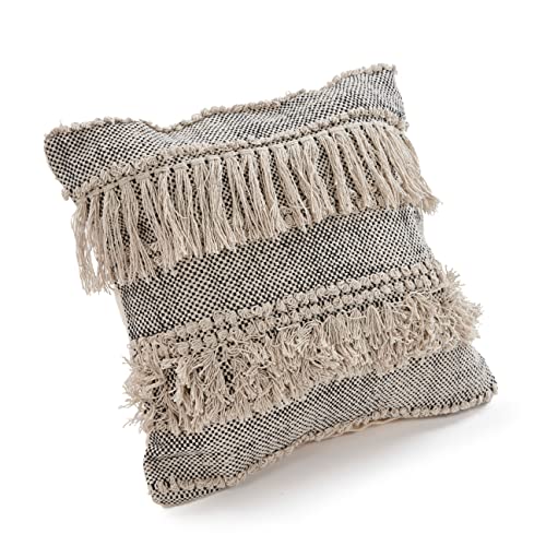 LR Home 20" x 20" Inches Geometric Cotton Throw Pillow Covers For Home Decor | Shabby Chic Boho Cushion Covers For Throw Pillows | Perfect For Living Room Couch & Bedroom Decorations | Ivory/Black - color: Ivory/Black, size: 20" x 20" (Pack of 1)