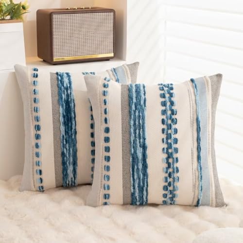 Boho Throw Pillow Covers 18x18 Set of 2 Farmhouse Decorative Cushion Case Striped Square Pillows Cover Chenille Pillow Cases Accent Neutral Pillowcase for Sofa Couch Bed,Sky Blue - color: Sky Blue Stripe