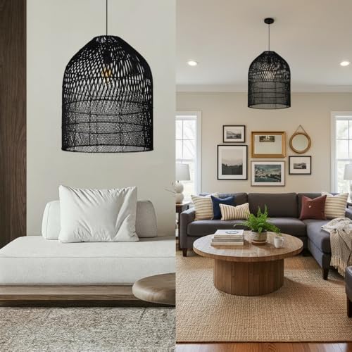 Arturesthome 1 Light Wicker Bell Pendant Lamp, Design Basket Rattan Woven Pendant Light Shades, Handmade Hanging Ceiling Lights Crafts Lampshade Black - size: Black W 16.5" x H20.8"
