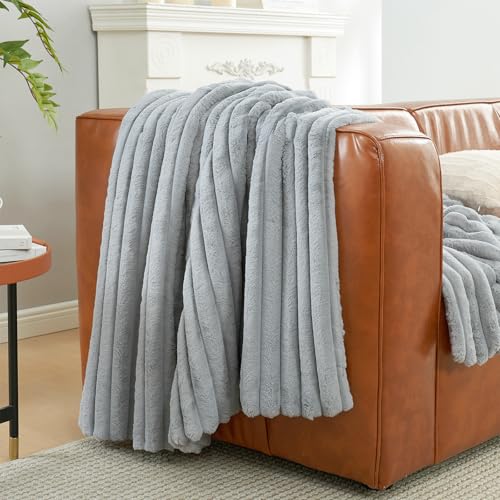 Amélie Home Faux Fur Throw Blanket for Couch, Cozy Fuzzy Fluffy Fur Luxurious Soft Striped Plush Gift Blankets for Family Sofa Chair, 60"x80", Light Grey - color: Striped Light Gray, size: Twin(60"x80")