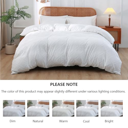 Duvet Cover Queen Size, 3PCS Boho Duvet Cover Set, Geometric Pattern Tufted Bohemian Comforter Cover Jacquard Knit Textured Bedding Set with Zipper Closure - color: White-02, size: Queen