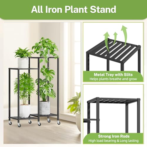 iDavosic.ly 4 Tier Plant Stand Indoor with Wheels, Metal Tiered Corner Flower Holder Shelf Outdoor for Large Pots, Tall Rolling Rack for Patio Porch Garden Balcony Living Room, Modern Black - color: Black, size: 4 Tiers