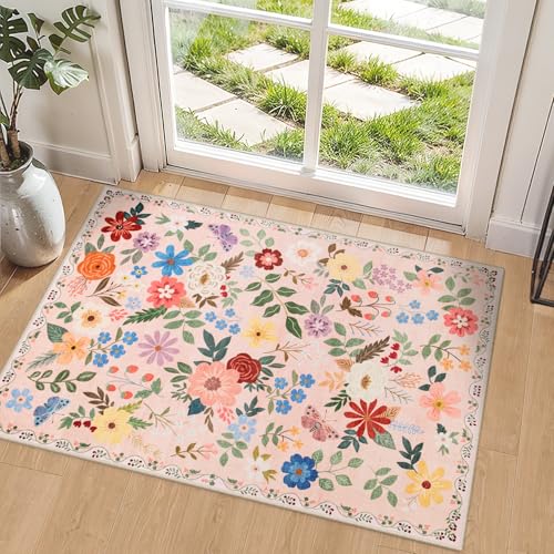 Entryway Rug 2X3 Small Rugs: Floral Washable Door Mat Vintage Soft Low Pile Non-Slip Kitchen Rugs Stain Resistant Indoor Throw Rug for Entrance, Bedroom, Kitchen, Laundry, Bathroom Beige - color: Beige, size: 2' x 3' (Rectangular)
