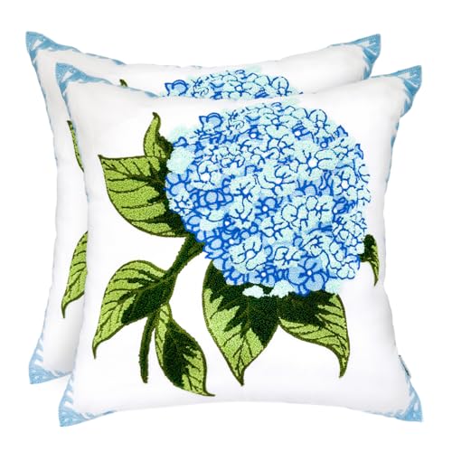 Alysheer Spring Hydrangea Embroidered Decorative Throw Pillow Covers 18"x 18" Set of 2, Summer Blue Green Floral Tufted Patterned Cotton Cushion Cases for Couch Bed Living Room Decor - color: Hydrangea Blue, size: 18" x 18" (Pack of 2)