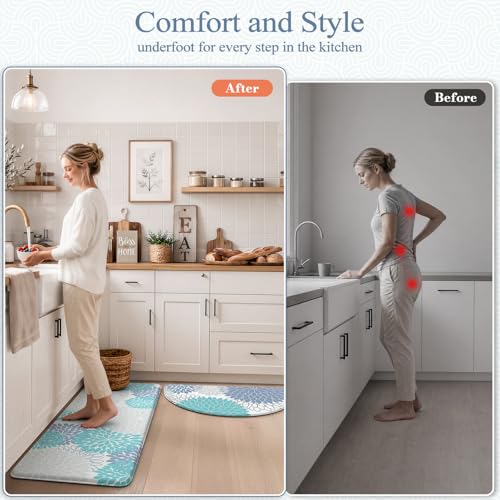 KIMODE Half Circle Kitchen Mats for Floor Cushioned Anti Fatigue,Semi Round Floral Boho Kitchen Rug Sets of 2 Non Slip,Waterproof Kitchen Carpet Decor for Sink Laundry Bathroom,Teal Blue - color: Teal Blue, size: 18" x 28"+18" x 47"-0.47 inches