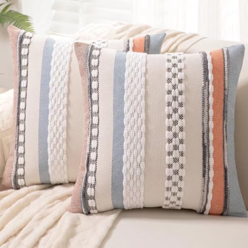 Boho Throw Pillow Covers 18x18 Set of 2 Farmhouse Decorative Cushion Case Striped Square Pillows Cover Chenille Pillow Cases Accent Neutral Pillowcase for Sofa Couch Bed,Orange-Blue - color: Orange-blue Stripe