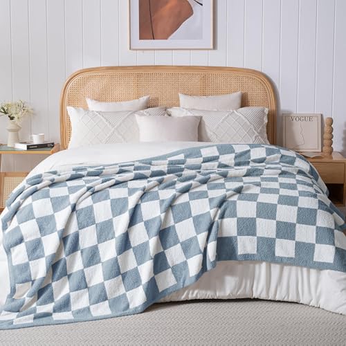 Exclusivo Mezcla Checkered Twin Size Knit Blanket for Bed, Ultra Soft and Warm Reversible Woven Blankets, Cozy Snuggly Throw for Couch Bed and Home Decor, Stone Blue, 60"x80" - color: Stone Blue, size: Twin (60"x80")