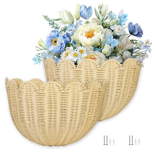 2 PCS Wave Wall Basket,15.7x10x8 in.Hand-woven by of intangible cultural Rattan Hanging Basket Woven Wicker Wall Mounted vine scallop wall basket Environmentally friendly (2)